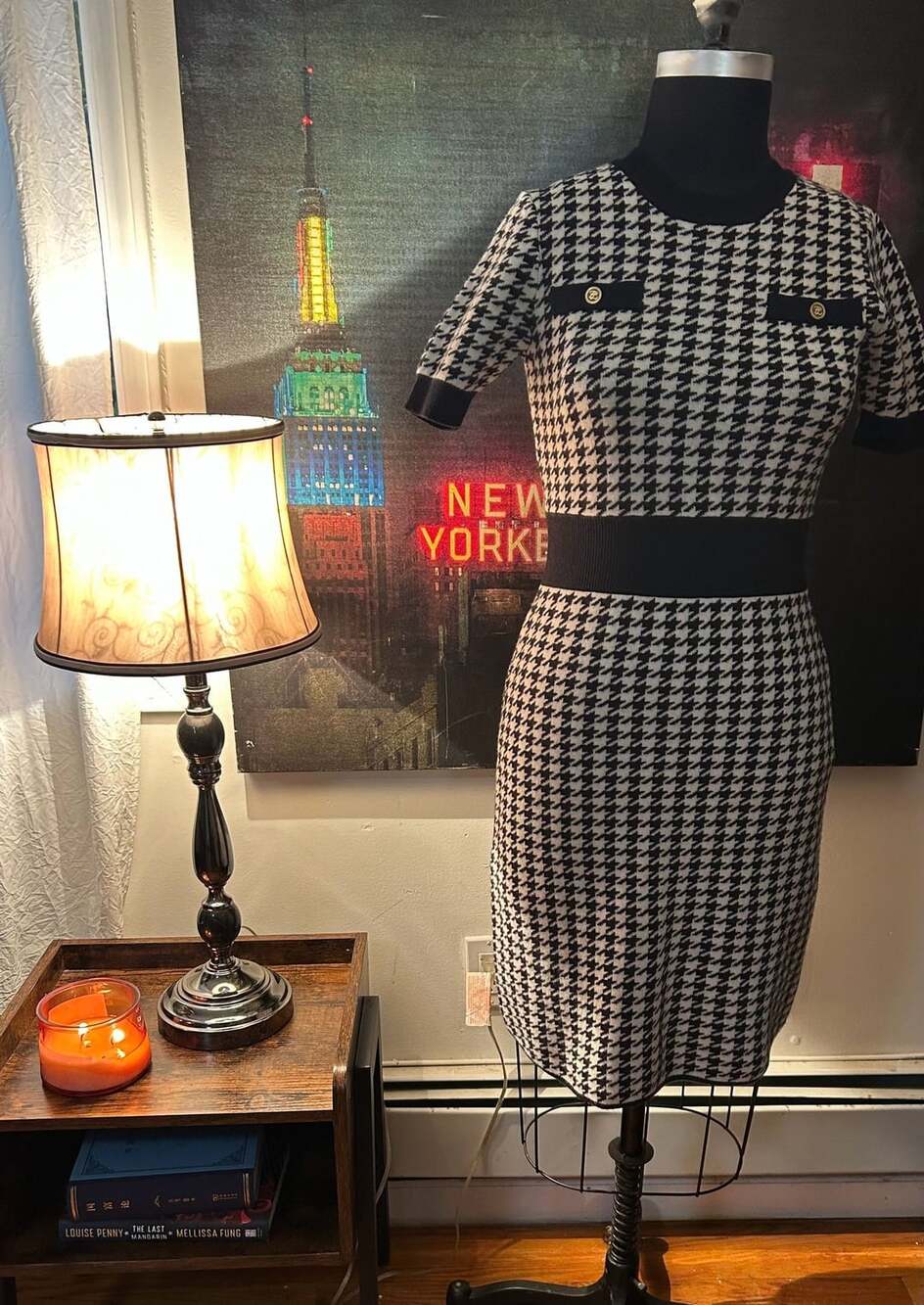 Karl Lagerfeld Houndstooth Sweater Dress Size M Black White Knit